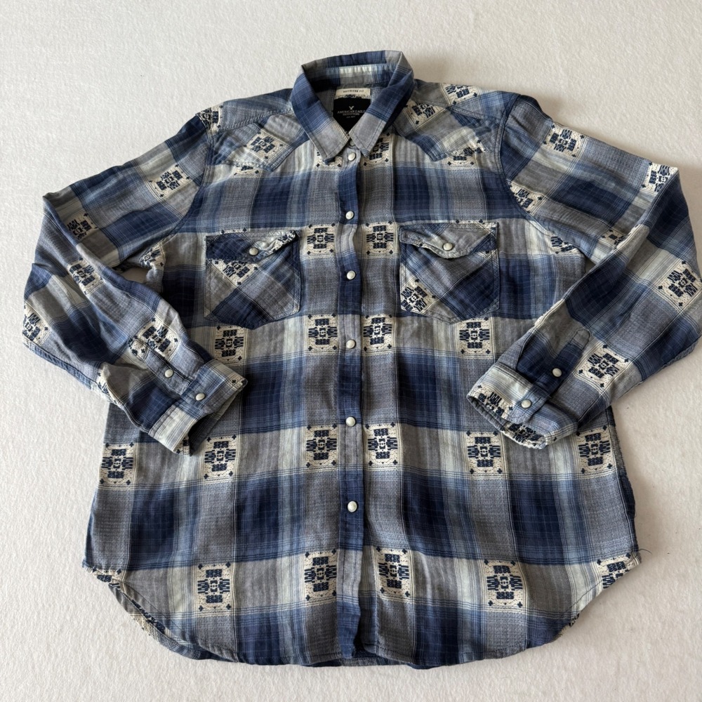 American Eagle Plaid Western Button Down Relaxed Boyfriend Fit Women Large Blue - Picture 2 of 8
